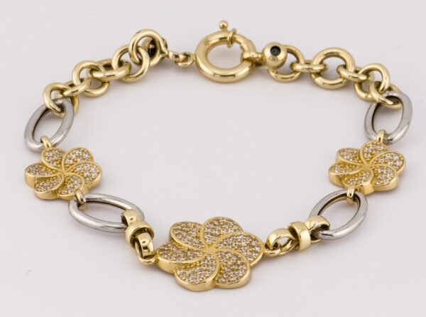 14K Yellow & White Gold Fashion Flower Bracelet with Zirconias