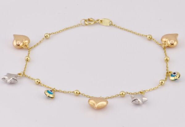 14 K Tricolor Gold Bracelet with Heart, Star & Turkish Eyes