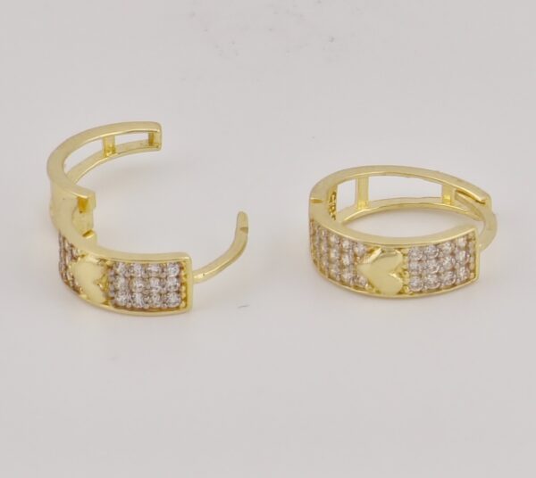 14K Yellow Gold Hoop Earrings with Heart & Zirconia - Image 2