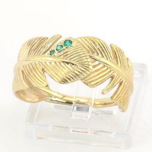 10K Yellow Gold Feather Ring with Green Stones