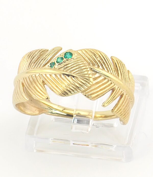 10K Yellow Gold Feather Ring with Green Stones