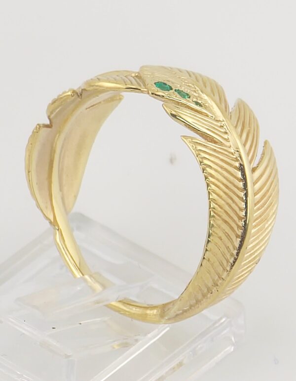 10K Yellow Gold Feather Ring with Green Stones - Image 3
