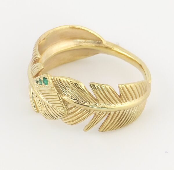 10K Yellow Gold Feather Ring with Green Stones - Image 2