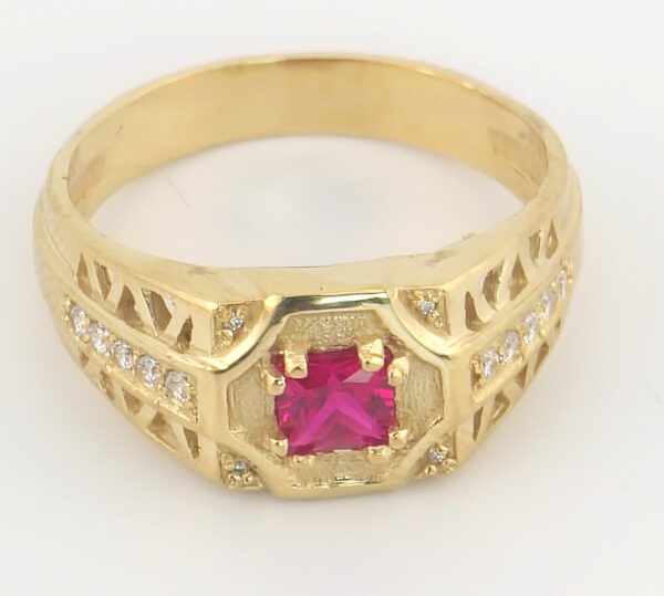 14K Yellow Gold Men's Ring with Lab Ruby and Monzonites - Image 3