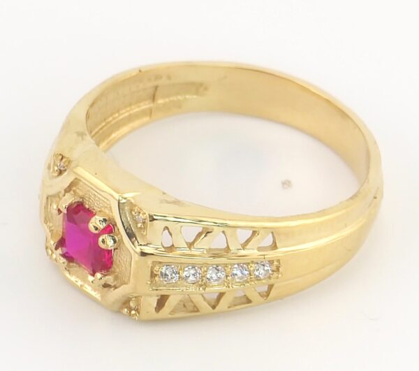 14K Yellow Gold Men's Ring with Lab Ruby and Monzonites - Image 2