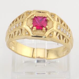 14K Yellow Gold Men's Ring with Lab Ruby and Monzonites