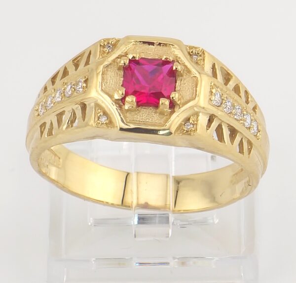 14K Yellow Gold Men's Ring with Lab Ruby and Monzonites