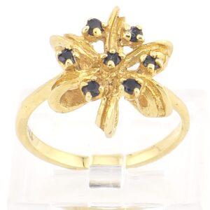 10K Yellow Gold Floral Ring with Black Gemstone Accents