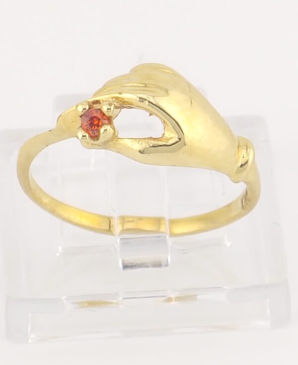 10K Yellow Gold Hand Design Ring with Red Gemstone