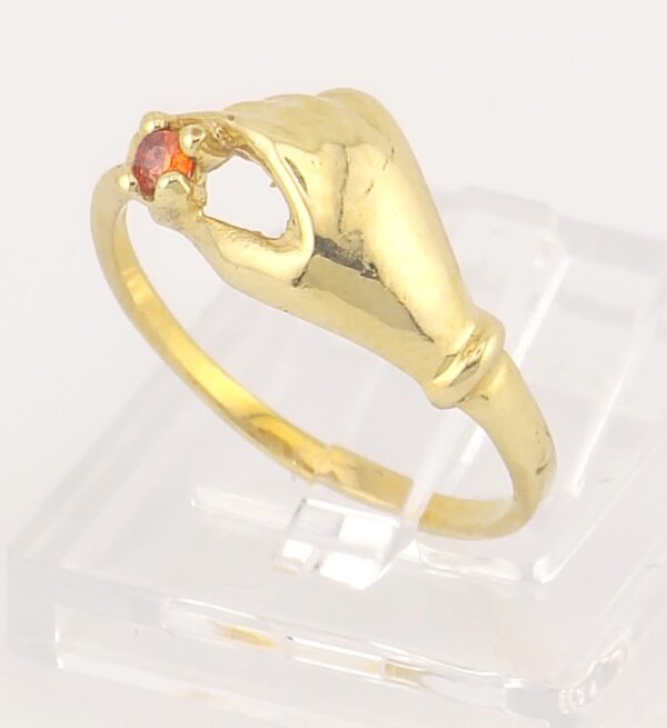 10K Yellow Gold Hand Design Ring with Red Gemstone - Image 3