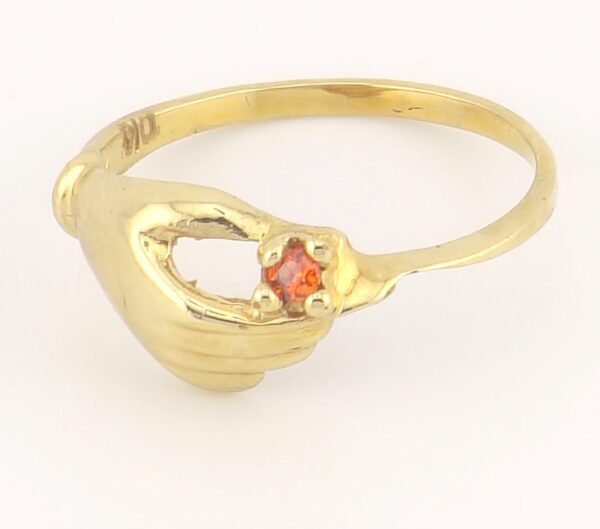 10K Yellow Gold Hand Design Ring with Red Gemstone - Image 2