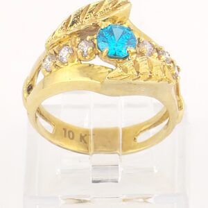 10K Yellow Gold Leaf Design Ring with Blue Gemstone and Accent Stones