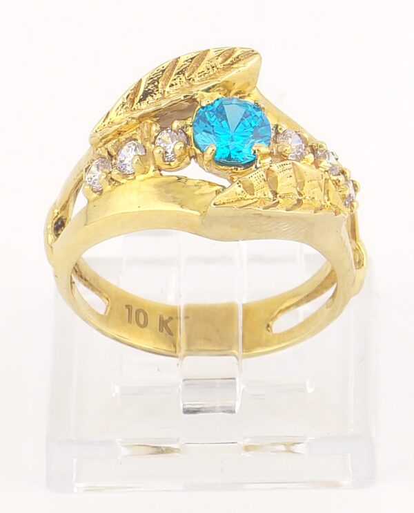 10K Yellow Gold Leaf Design Ring with Blue Gemstone and Accent Stones