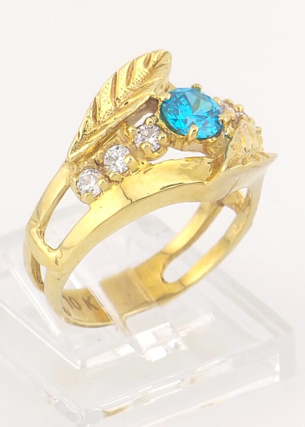 10K Yellow Gold Leaf Design Ring with Blue Gemstone and Accent Stones - Image 3