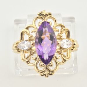 14K Yellow Gold Vintage-Style Amethyst Ring with CZ Accents