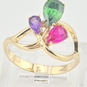 14K Yellow Gold Multicolor Pear-Cut Gemstone Ring – Green, Purple & Pink Stones