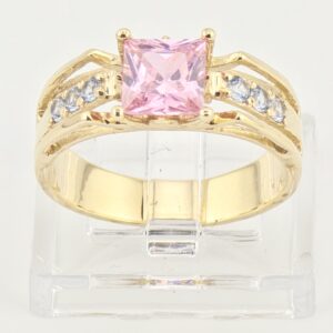 14K Yellow Gold Princess-Cut Pink Gemstone Ring with Side Stones